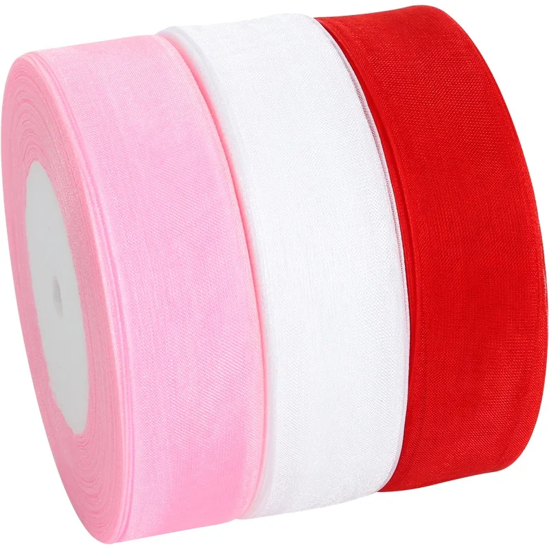 25mm 50yards/roll organza ribbons gift wedding Party Christmas decoration wrapping lace Handmade DIY Multicolor chiffon Ribbon