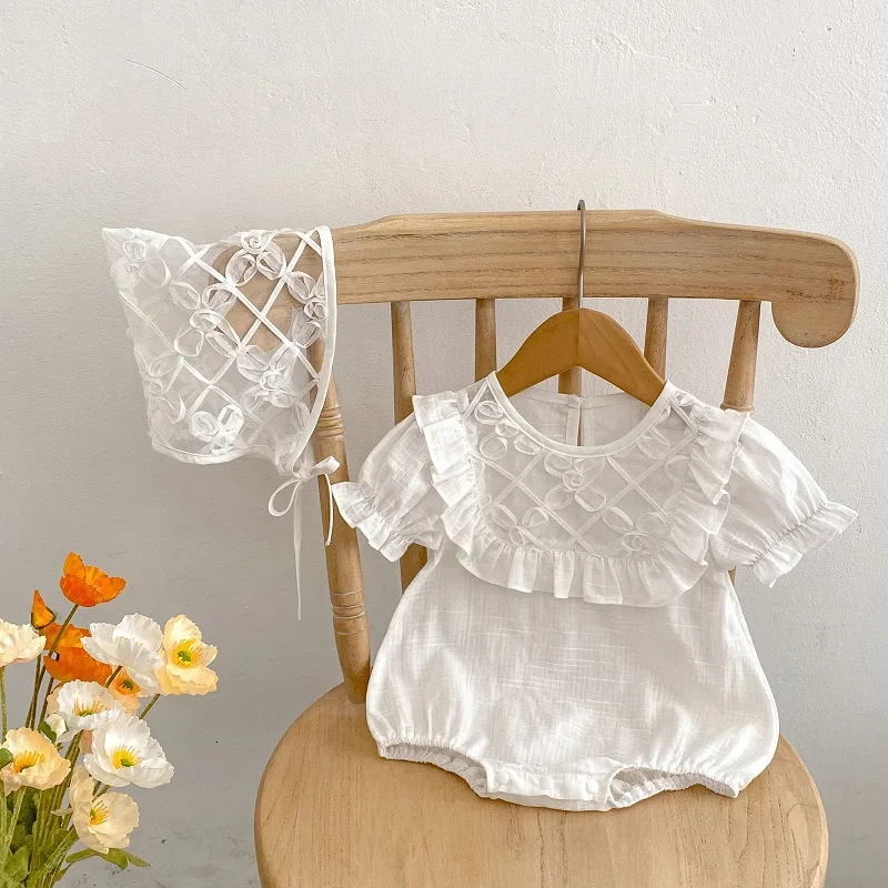 

Free Hat Newborn Baby Girl Romper 0-24Months Princess Solid White Short Sleeve O-Neck Cotton Bodysuit Outfit 2PCS Summer Clothes