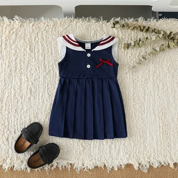 Summer Sleeveless Baby Girls Vest Dress with Bow Navy Collar And Pleated Skirt Sweet Princess Style Children's Outfit Clothes