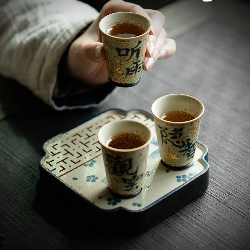 Blue And White Flint Red Square Tea Tray Handmade Gold Drawing Butterfly Water Storage Dry Bubble Tray Teapot Base Tea Ceremony