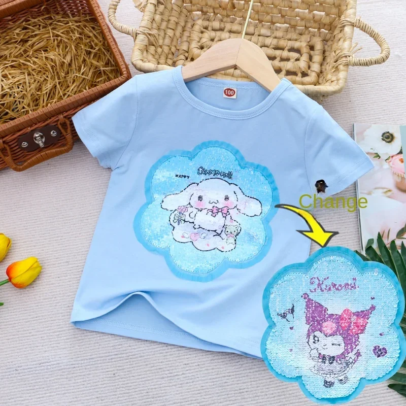 Sanrio Girl Short Sleeve T-Shirt Hello Kitty Kuromi Cinnamoroll Girls' Cotton Material T-shirt Multi Colored Cartoon Pattern Top 6