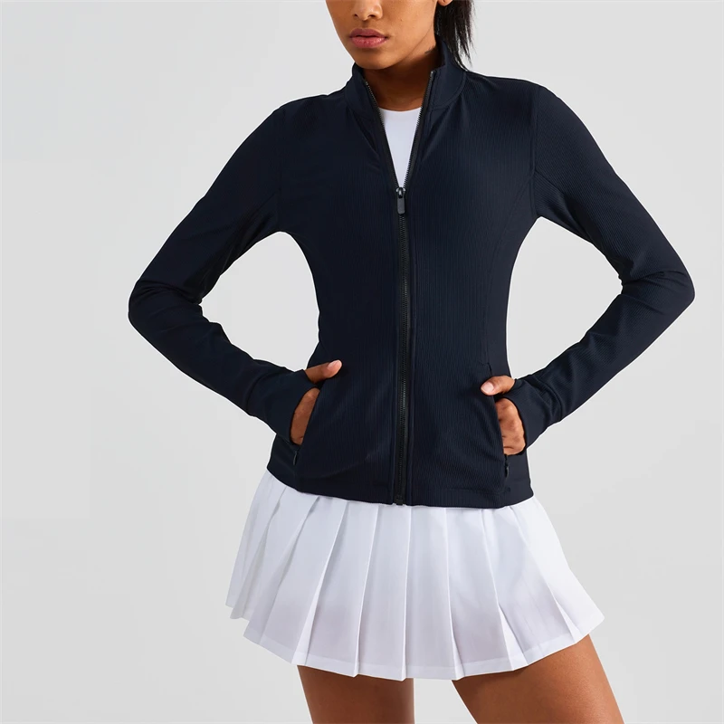 

Women Stand-up Collar Sports Jacket Fitness Zipper Yoga Coat Tops Tight Leisure Definition Jacket With Thumb Jack Gym Clothing