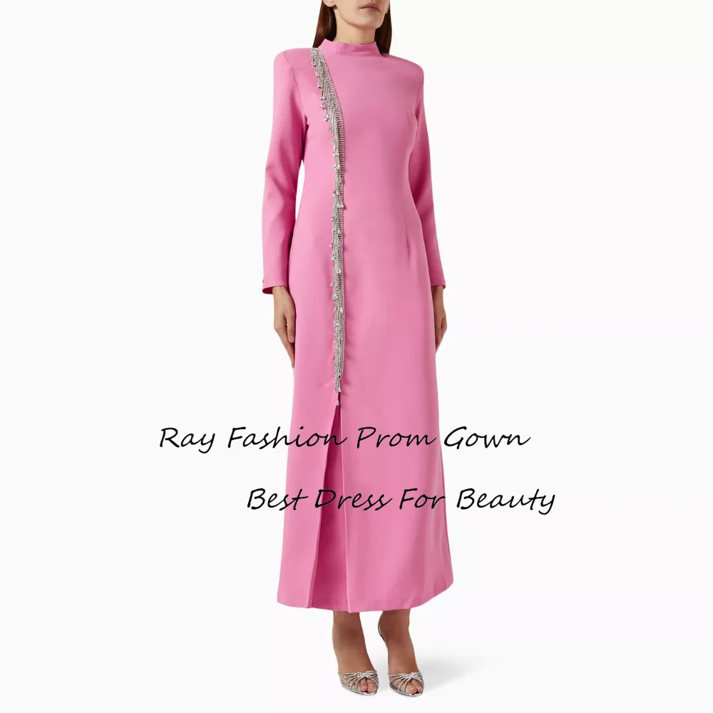 

Ray Fashion A Line Prom Dress High Neck With Full Sleeves Evening Gowns Beading Crystals Ankle Length فساتين سهرة Saudi Arabia
