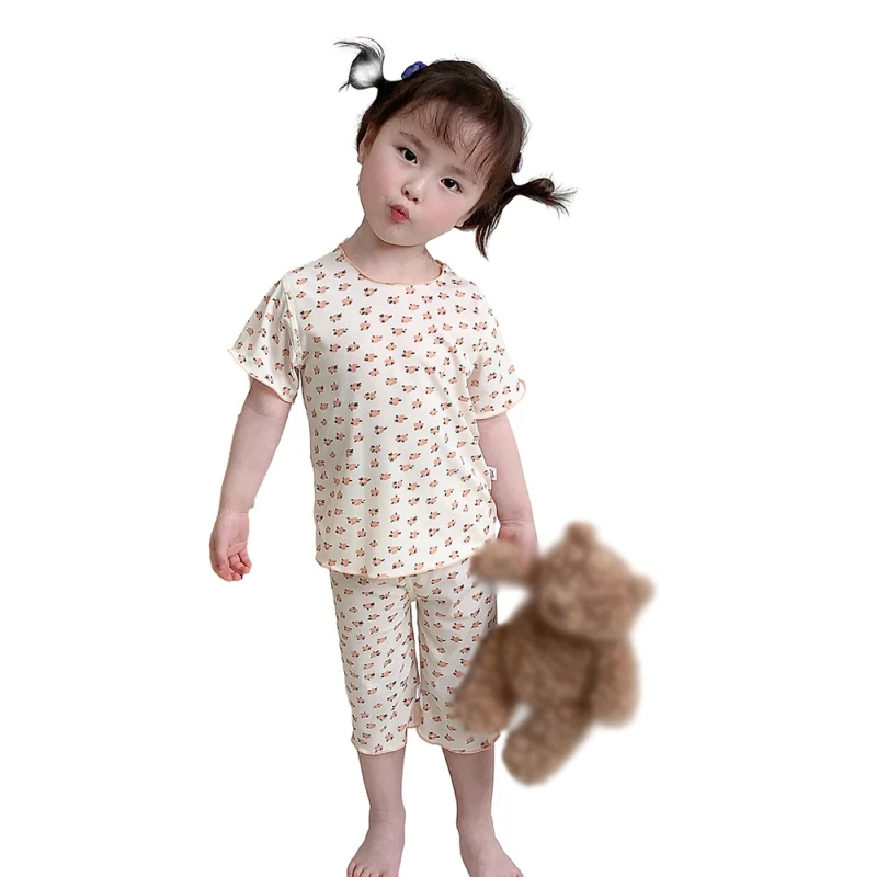 Summer Children Baby Home Wear Baby Pajamas Set Girls Small Broken Flower Short Sleeve + Seven Pants