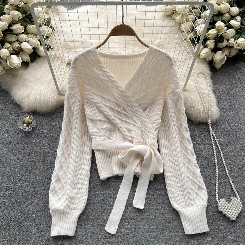 

Autumn Bow Tie Retro Sweater Gentle V Neck Cross Elastic Slim Long Sleeve Female Streetwear Solid Knitted Pullover