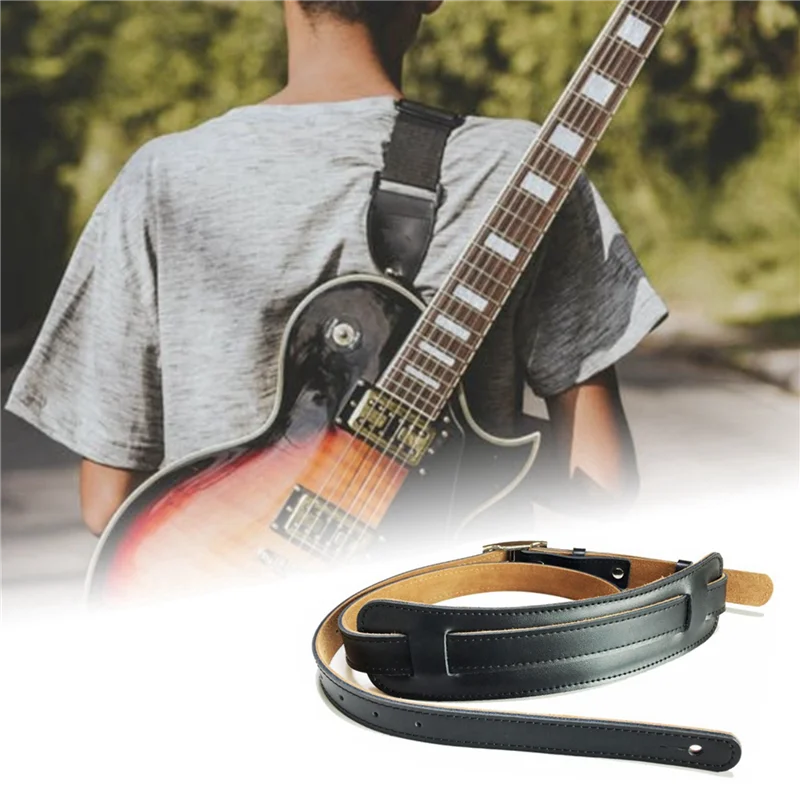 ABHT-4X Robuster E-Gitarrengurt aus Leder und Metallschnalle, Gürtel, Schulterpolster, verstellbare Vintage-Gitarrengurte, schwarze Farbe
