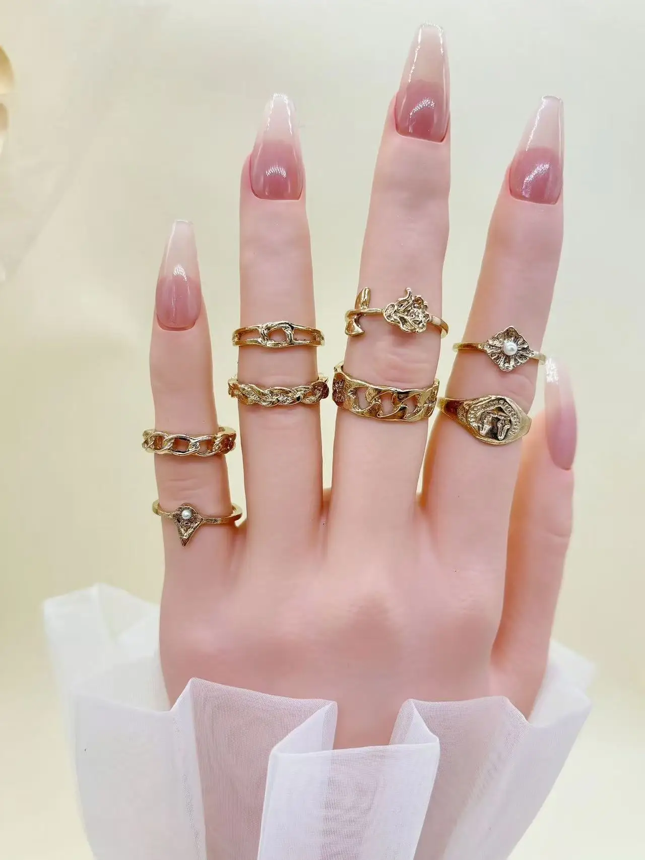 Fashionable Retro Geometric Pearl large Flower Ring Set, Gold Opening Women's Jewelry New Accessory set Gift Image 9