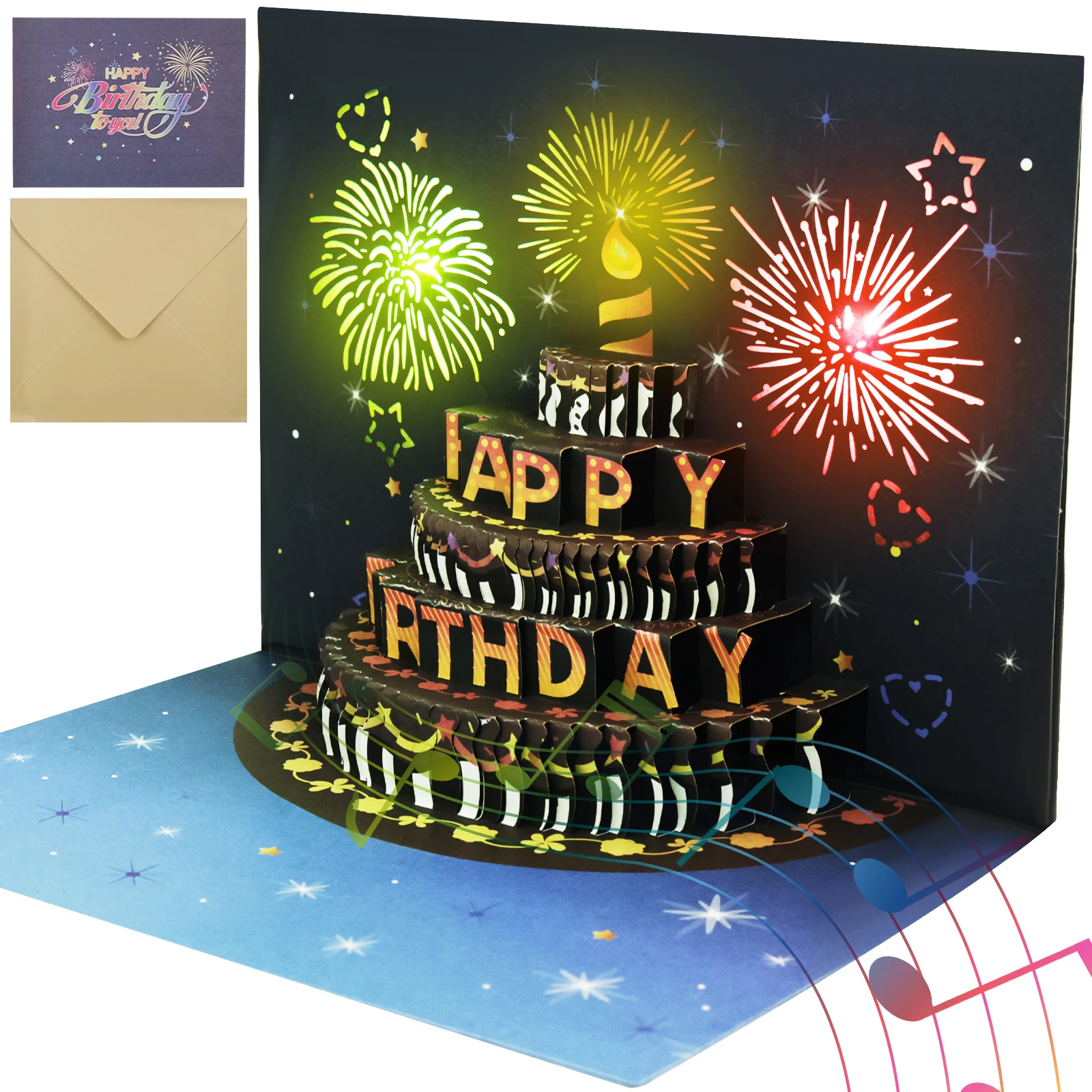 3D Light Music Birthday Card Pop Up Happy Birthday Card Fireworks Greeting Cards Happy Party Gift Message