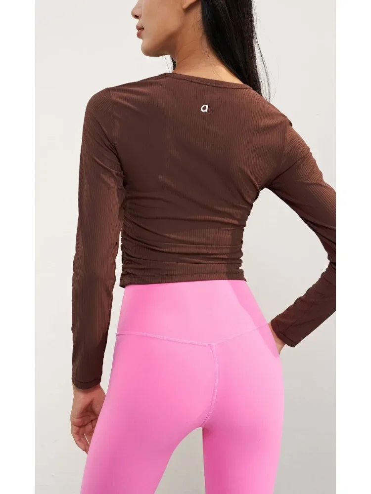 

AL0Zen Ribbed Nude Crew Neck Yoga Wear Slim Waist Design, Cropped Sports Long Sleeves, Stretch Fitness Breathable Top Women