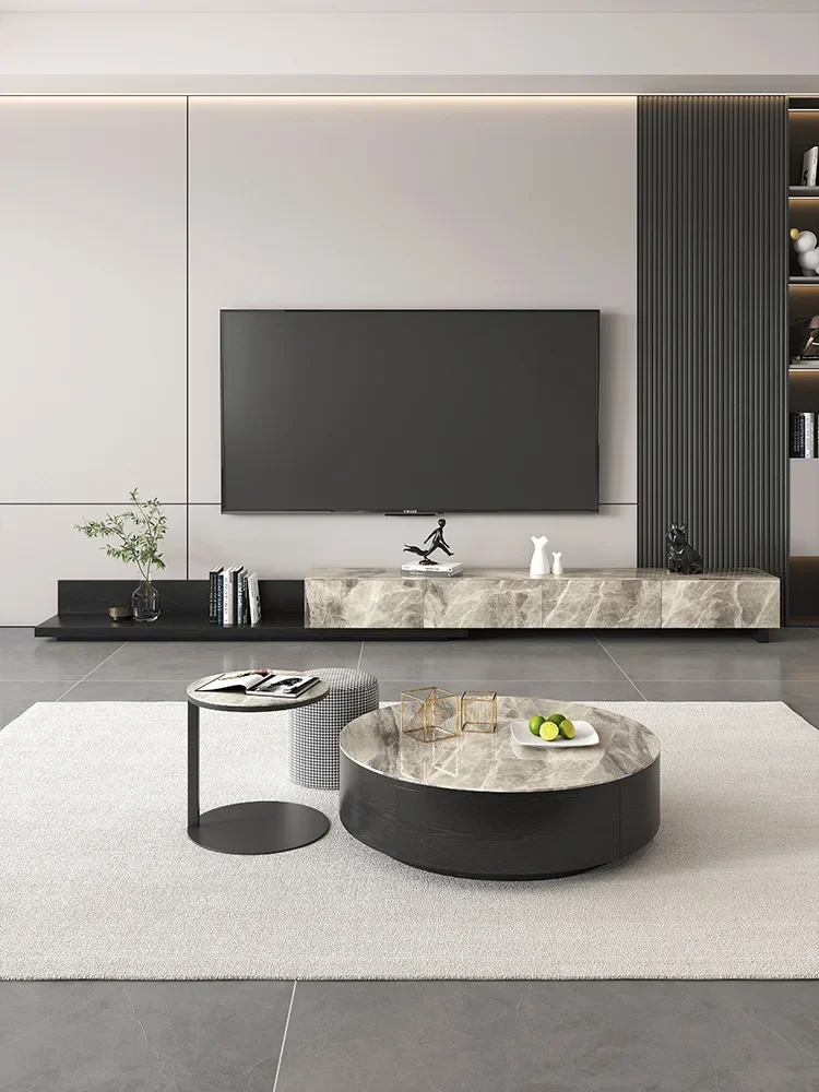 

Rock slab coffee table stretch TV cabinet combination simple modern household small apartment living room telescopic floor