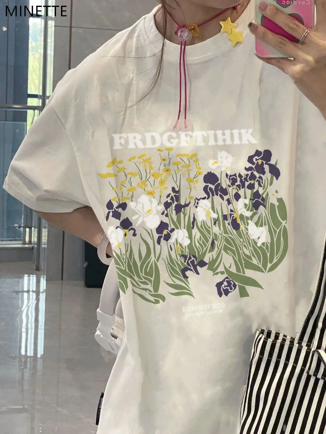 

Salt fresh flower print top female student couple wear loose Korean style simple short sleeved T-shirt for women k pop clothes