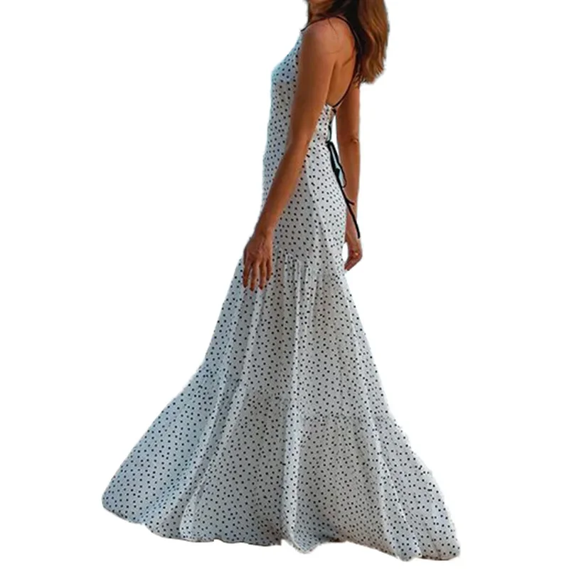 2023 Summer Women's Polka Dot Printed Long Dress Thin Shoulder Strap Robe New Style Sling Tight Backless Fashion Wrap Dress Set