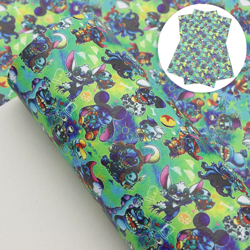 Cartoon Print Lychee Texture Faux Leather Sheet Lilo and Stitch Synthetic Leatherette Vinyl Fabric for DIY Accessories leather fabric,vinyl sewing fabric,vinyl fabric