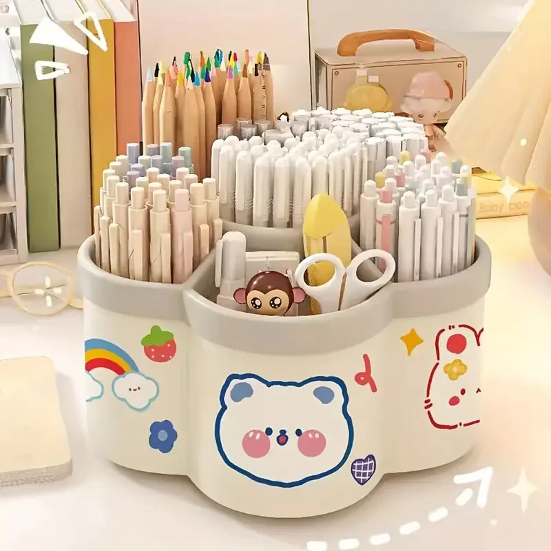 Pen Holder Desktop Storage Box Cartoon Fire Wheel 360 Degree Rotating Large Capacity Office Stationery Organizer