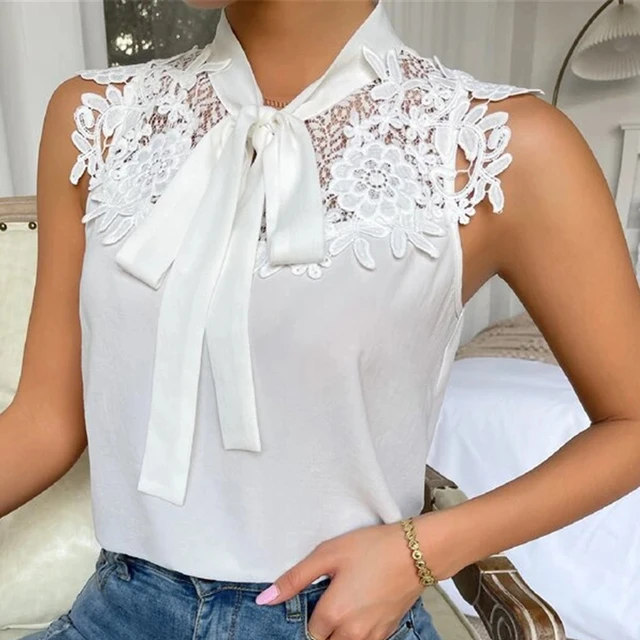 Lace Sleeveless Shirts Womens Crochet Solid Basic Stand Collar