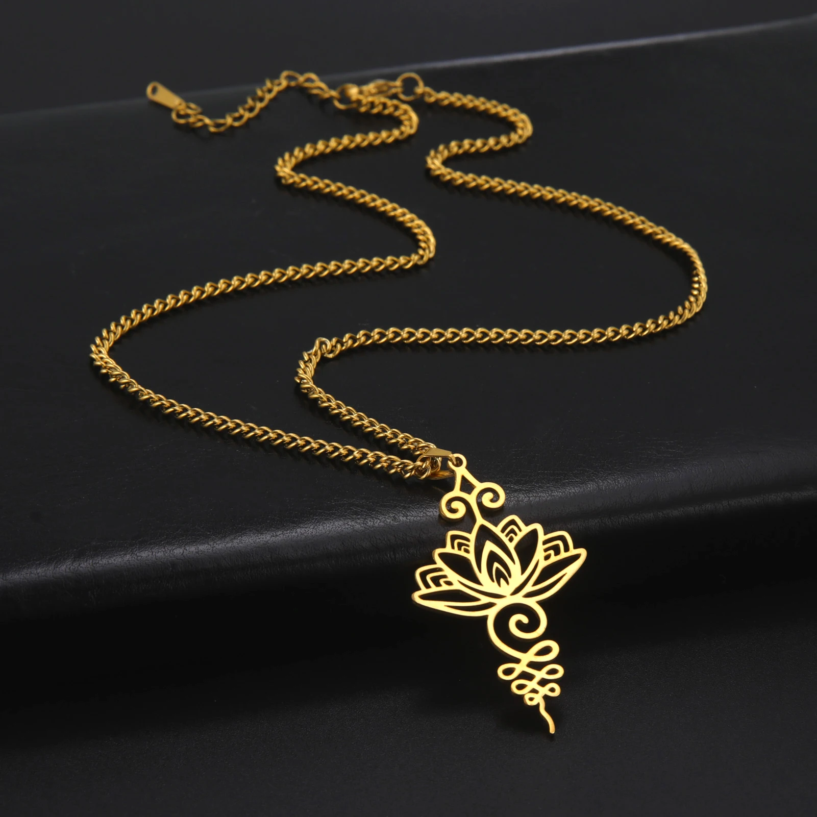Skyrim Unalome Lotus Flower Pendant Necklace Stainless Steel Gold