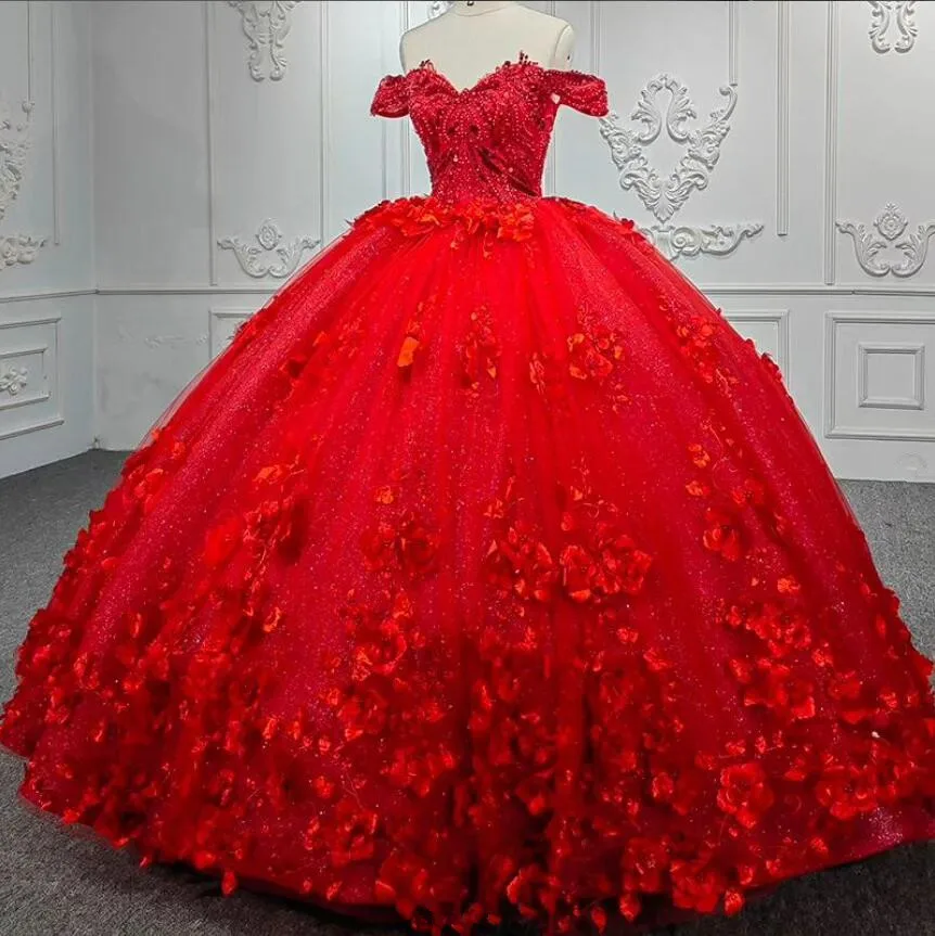 

Красные 3D цветочные платья с открытыми плечами xvaaux Quinceanera Gillter, юбка с аппликацией корсет, вышитый бусинами Charro vestidos de 15 quinceañeras
