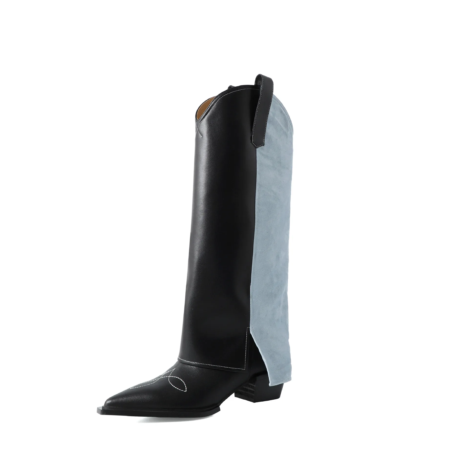

Pointed Toe Chunky Heels Denim Spliced Long Boots Black and Blue Color One Step Show Knee High Boots Knight Boots Lady Shoes