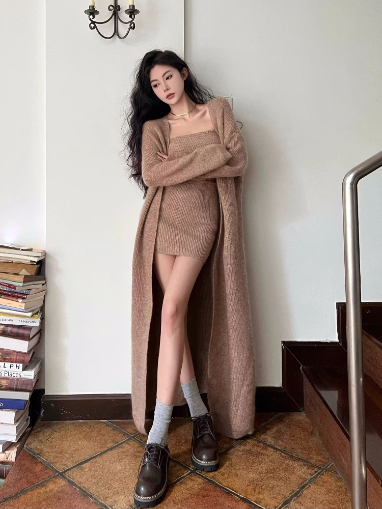 Autumn Winter New Knitted 3-piece Skirt Set Women Solid Long Cardigan Strapless Crop Top Mini Skirt Y2K Korean Chic Knitwear New