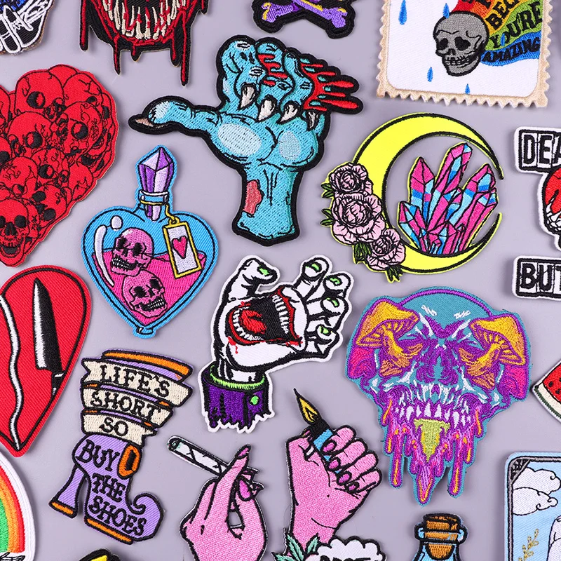 

Punk Finger Patch Hurror Skull Embroidery Patch For Clothing Thermoadhesive Patches For Clothes Crystal Flower Patches Stickers