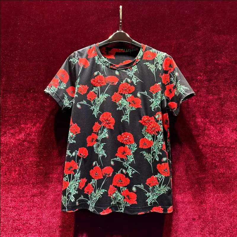

European and American women's clothes 2023 summer new Round neck Short sleeve Red flower print Studded with beads Cotton T-shirt