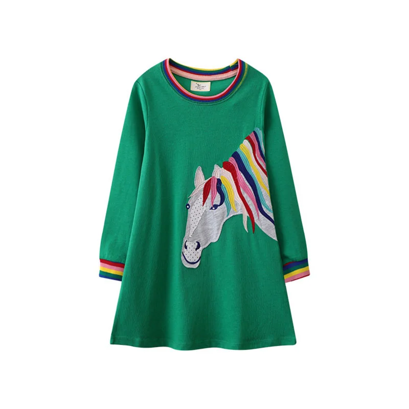 Jumping Meters 2-7T Baby Dresses Long Sleeve Horse Applique Children's  Fashion Birthday Kids Clothing Autumn Spring Toddler