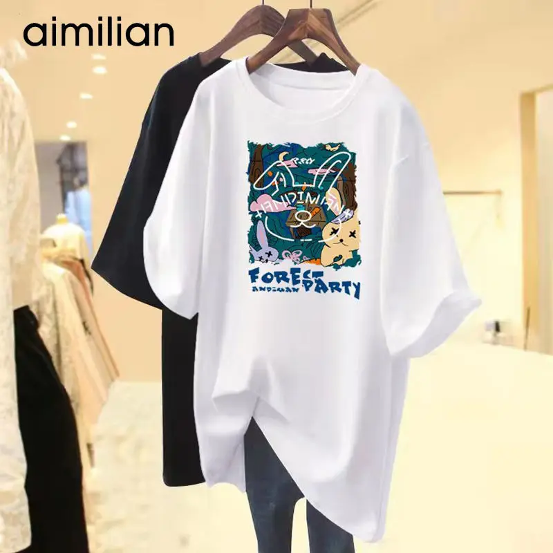 

Summer Chic Cartoon Printed Casual Simple Loose Pullover Lady O-neck Basics T-shirt Women Short Sleeve Pure Cotton Top Tee M-6XL