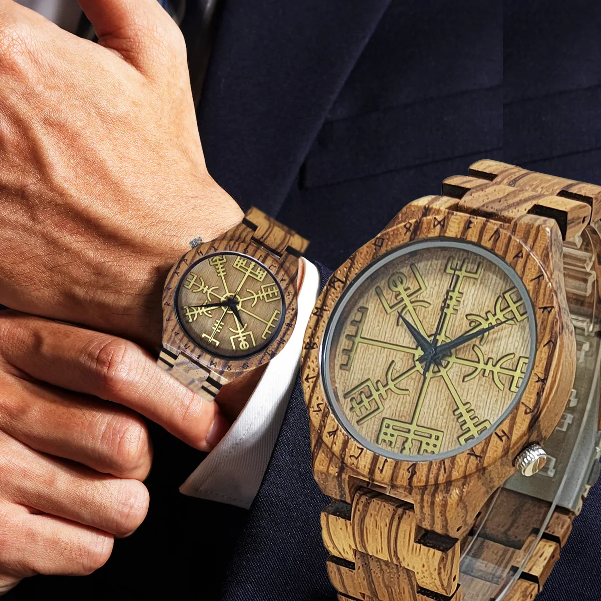 Wooden Wrist Watches Man Viking Symbol Element Clock Personalized Anniversary Gift for Husband Men's Wood Quartz Wristwatches 4