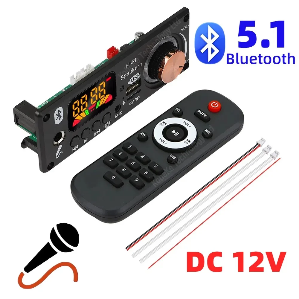 Bluetooth 5.1 Audio Decoder Board with Handsfree Mic, USB/TF/FM Support, and Volume Control