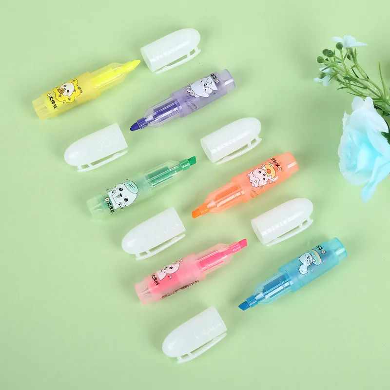 6 Pz/Set Cute Student Supplies Evidenziatore Mini Cartoon Highlighter Set Di Cancelleria 6 Colori Bag Single Head Posca Paint Marker