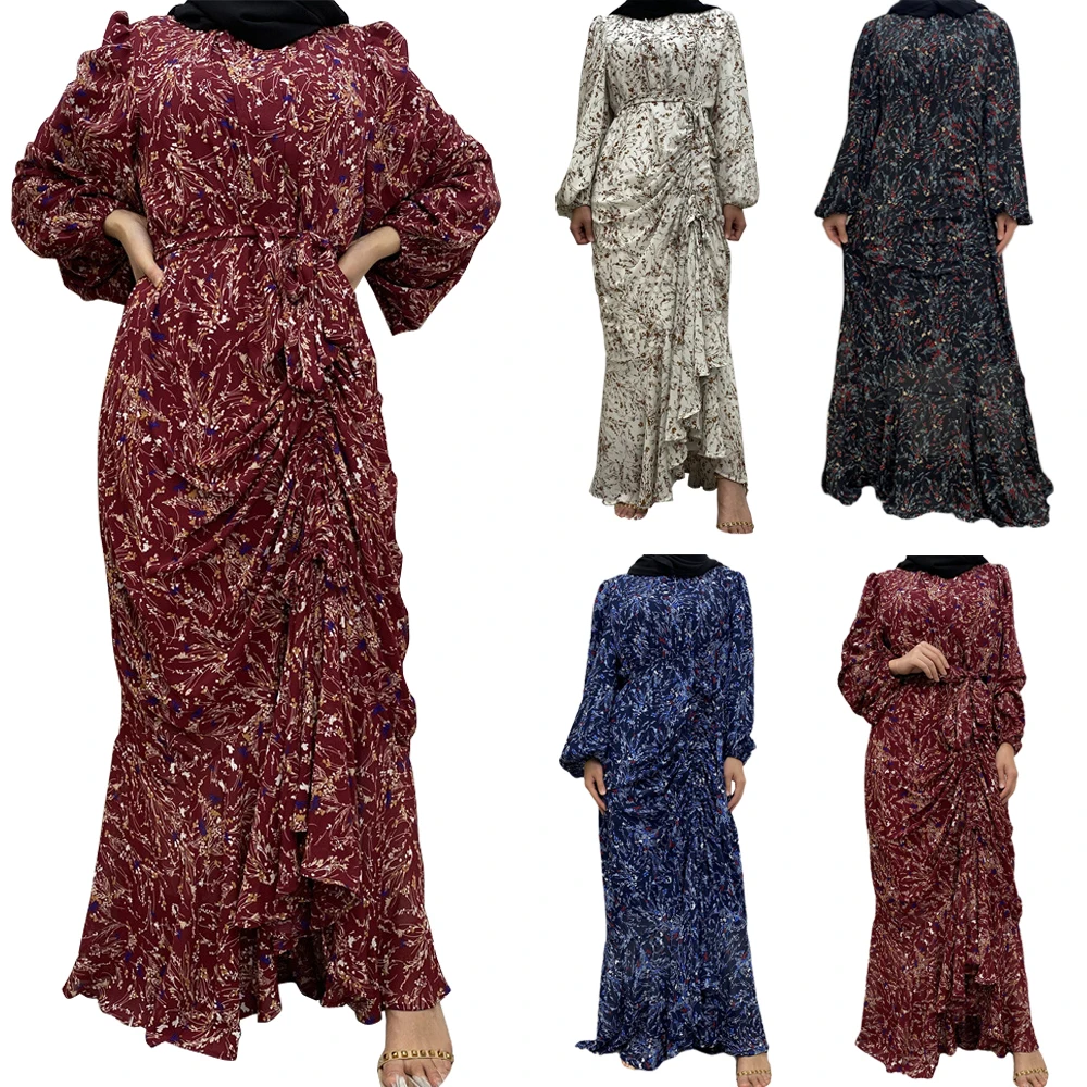 

Summer Chiffon Floral Print Abaya Muslim Long Maxi Dresses Fashion Women Boho Holiday Party Sundress Turkey Kaftan Robe Vestidos