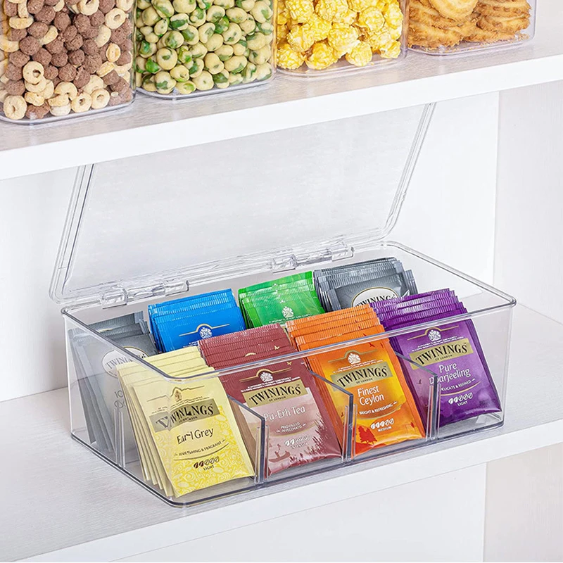 

Tea Bag Storage Box Office Multifunctional Storage Box with Lid Acrylic Organizer Coffee Bag Compartment Box