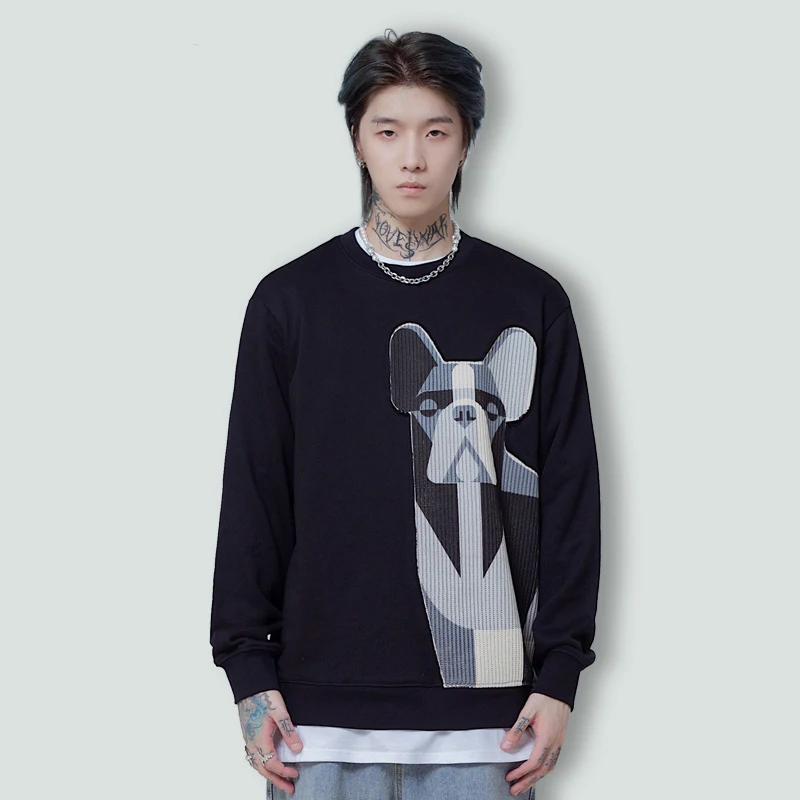 

Мужская повседневная черная толстовка из 335 хлопка 85% г, уличная одежда премиум-класса для подростков в стиле хип-хоп, свободная универсальная трикотажная одежда с рисунком щенка на осень и зиму