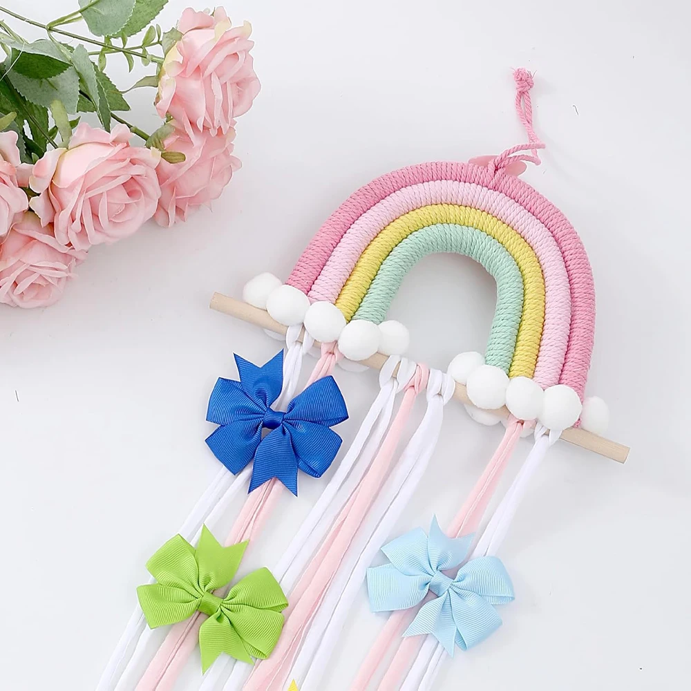 Accessori per capelli Portaoggetti da appendere, Decorazione da parete, Cintura portaoggetti per fiocchi per capelli, Supporto per accessori per forcine per bambini arcobaleno intrecciato - immagine 6