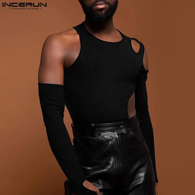 Fashion Men Sexy Homewear INCERUN Hollow Design Jumpsuits Male Casual Solid Comfortable Half Thimble Long Sleeved Bodysuits