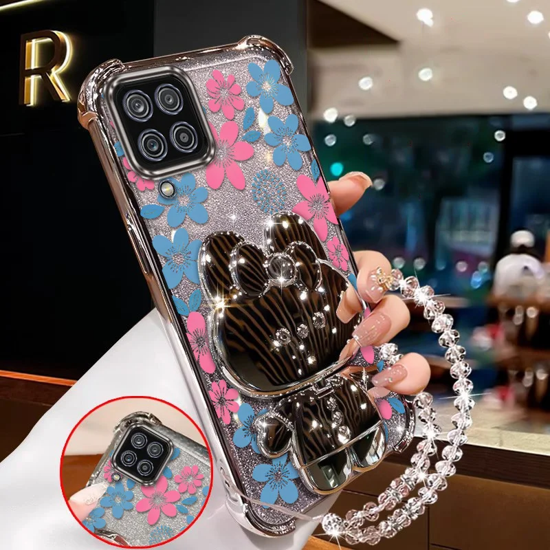 Elegant Blue Floral Phone Accessory Set - Includes Case, Lanyard & Stand