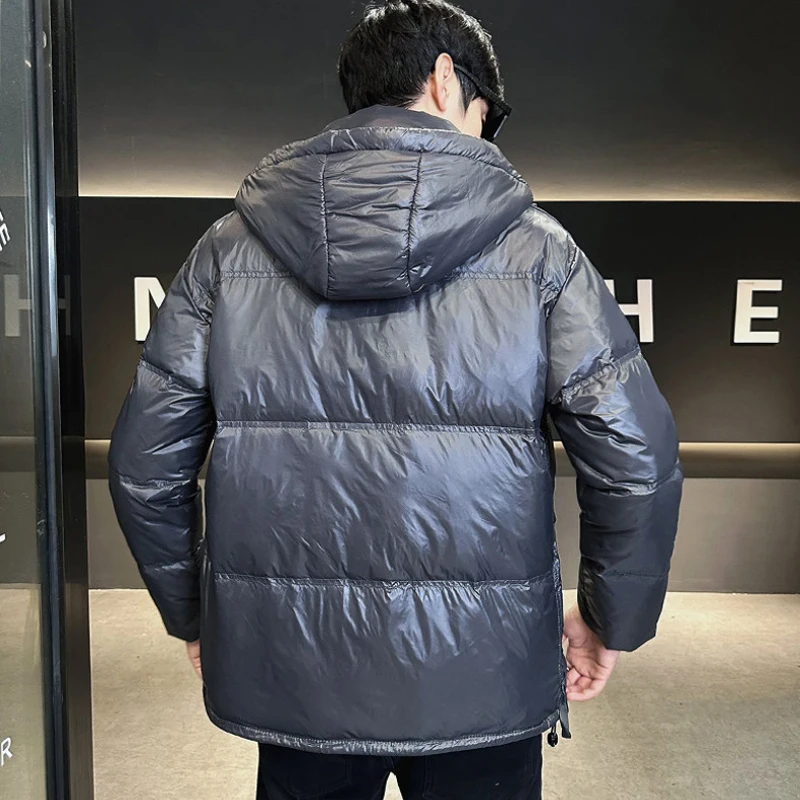 New 2023 Winter Men's Solid Color Duck Down Jacket Outwear Warm Bright Hooded Puffer Coat Plus Size Waterproof Thick Down Parkas