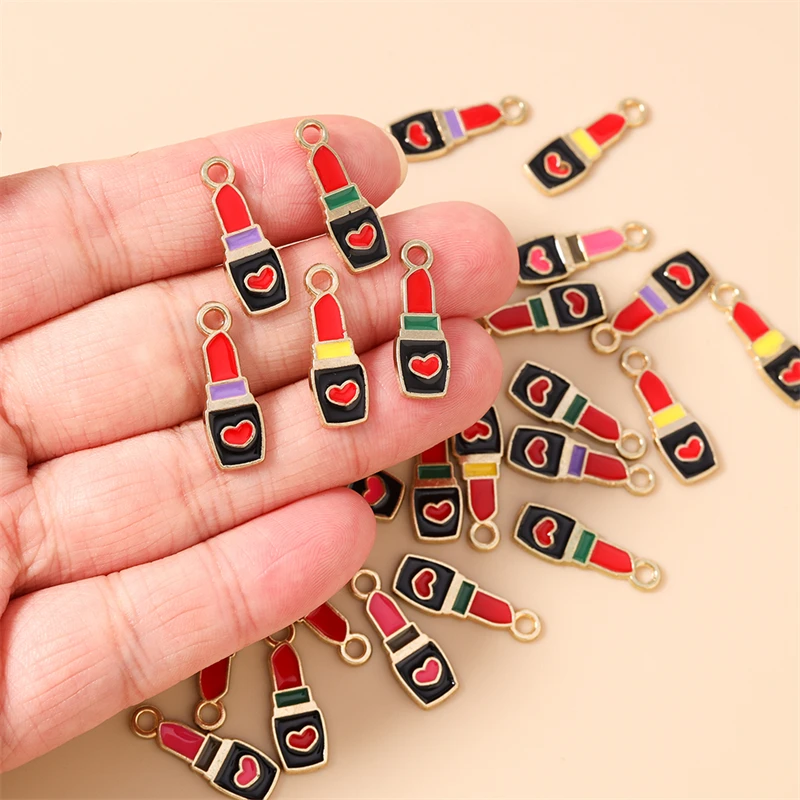 20개 7x21mm 귀여운 에나멜 레드 립스틱 참 펜던트, 드롭 귀걸이, 목걸이, 팔찌 DIY 공예품, 쥬얼리 액세서리 제작용