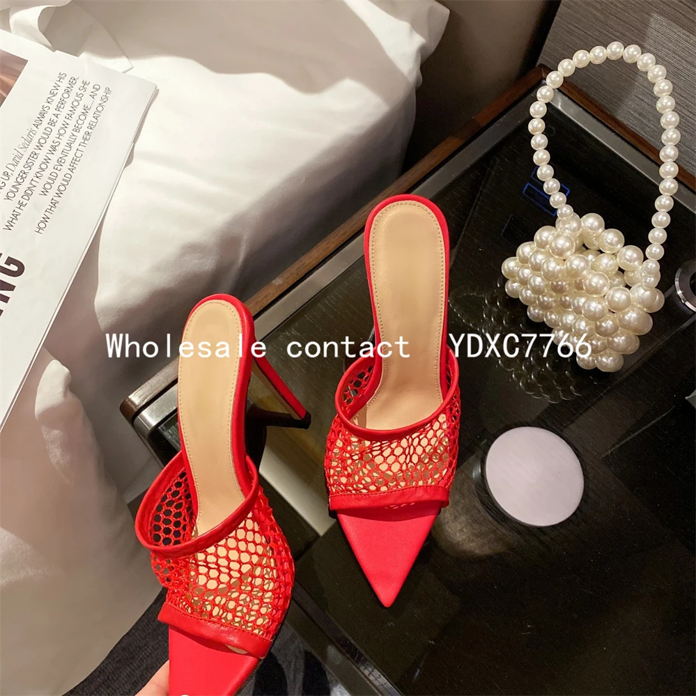 New European and American mesh fish mouth open toe thin heel high heels 2023 summer fashion sexy women wearing sandals slippers