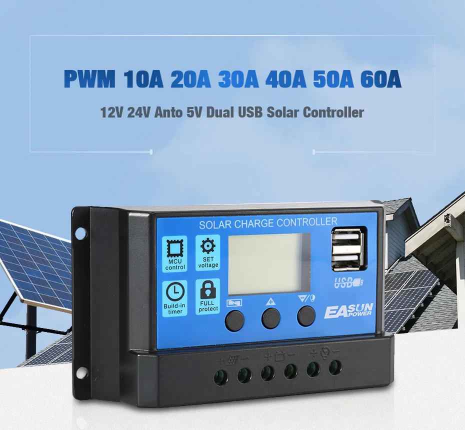 Solar Charge Controller 12V 24V PWM 10A 30A Adjustable LCD Display Dual USB Port Timer Setting Auto Parameter solar battery charge controller