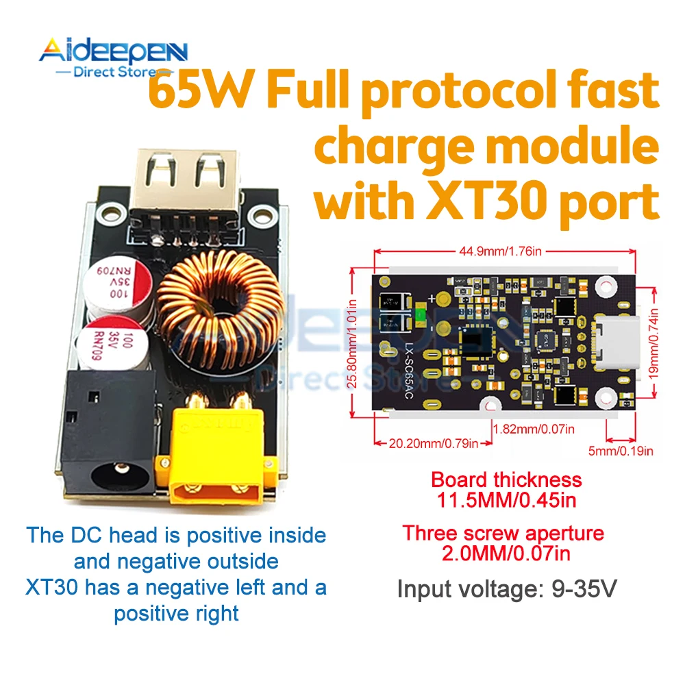 

DC 9V-35V 65W to USB Type C Mobile Phone Fast Charge Step-Down Module Supports QC4.0 PD2.0/3.0/PPS Protocol With XT30 Input Port
