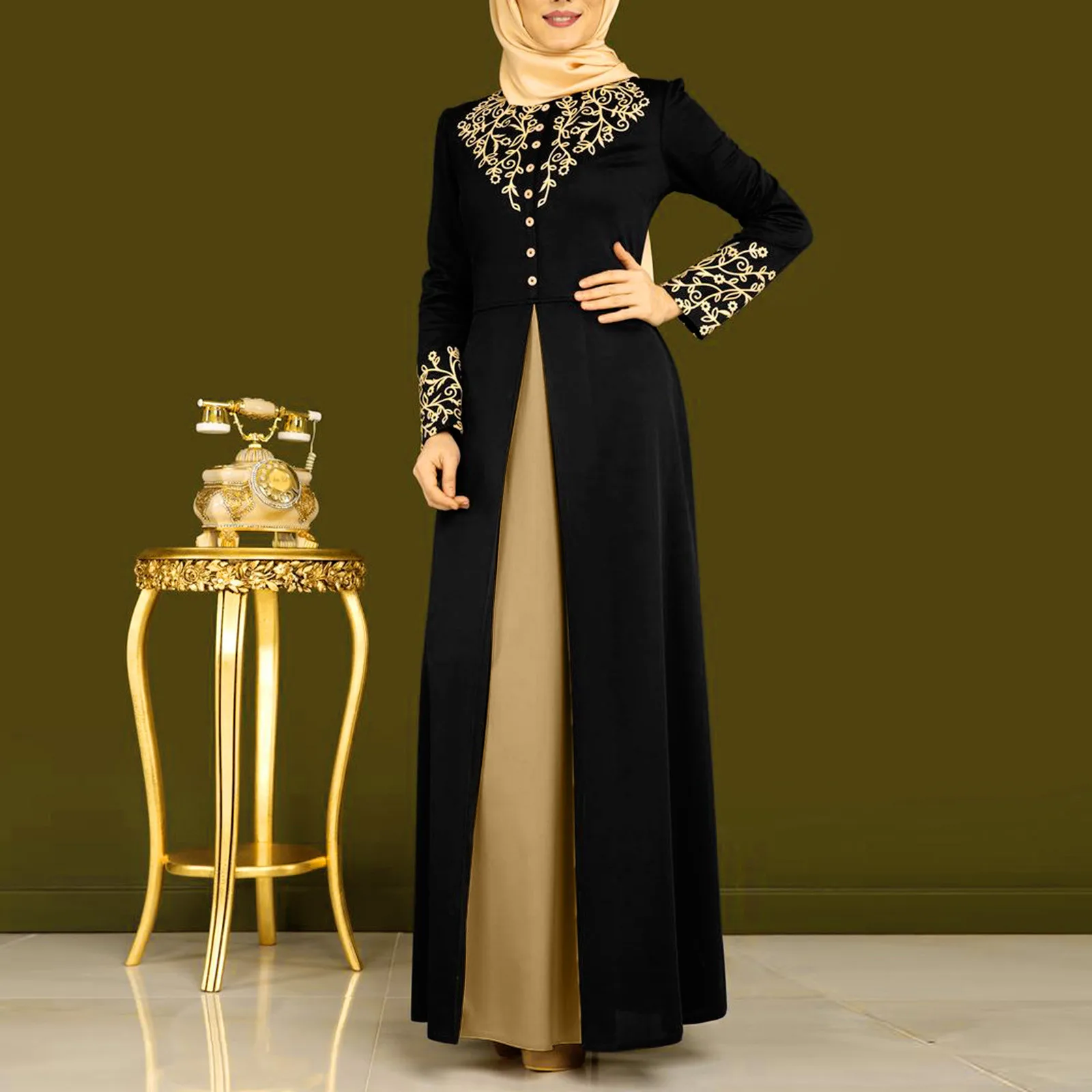 

Женское мусульманское платье абайя с длинным рукавом Пэчворк Печатный халат O-образный вырез Дубай Турецкая одежда с высокой талией для женщин