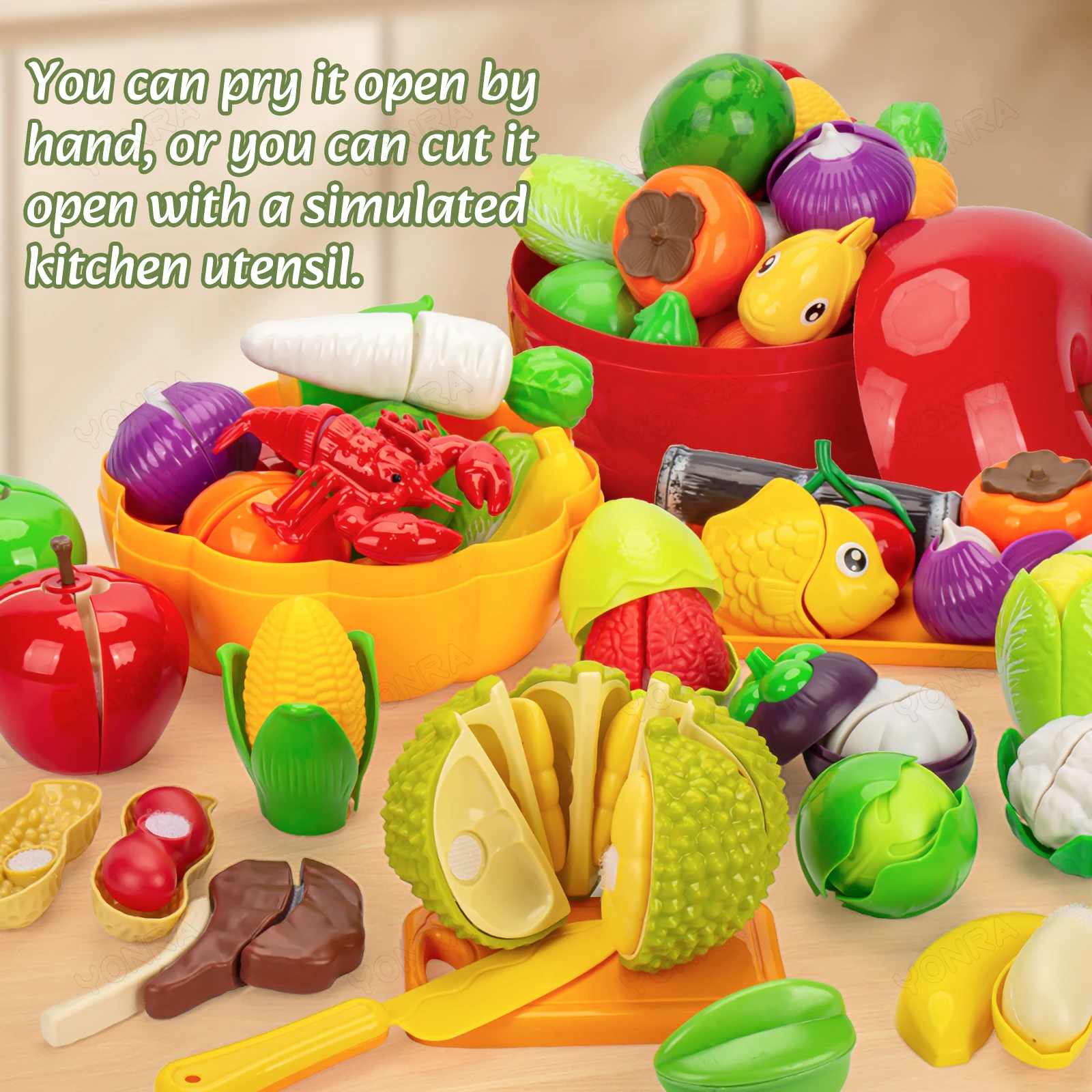 Schneiden Spielen Lebensmittel Spielzeug für Kinder Küche Pretend Obst & Gemüse Zubehör mit Einkaufen Lagerung Korb Spielzeug für Kleinkind Geschenk – Detail 2