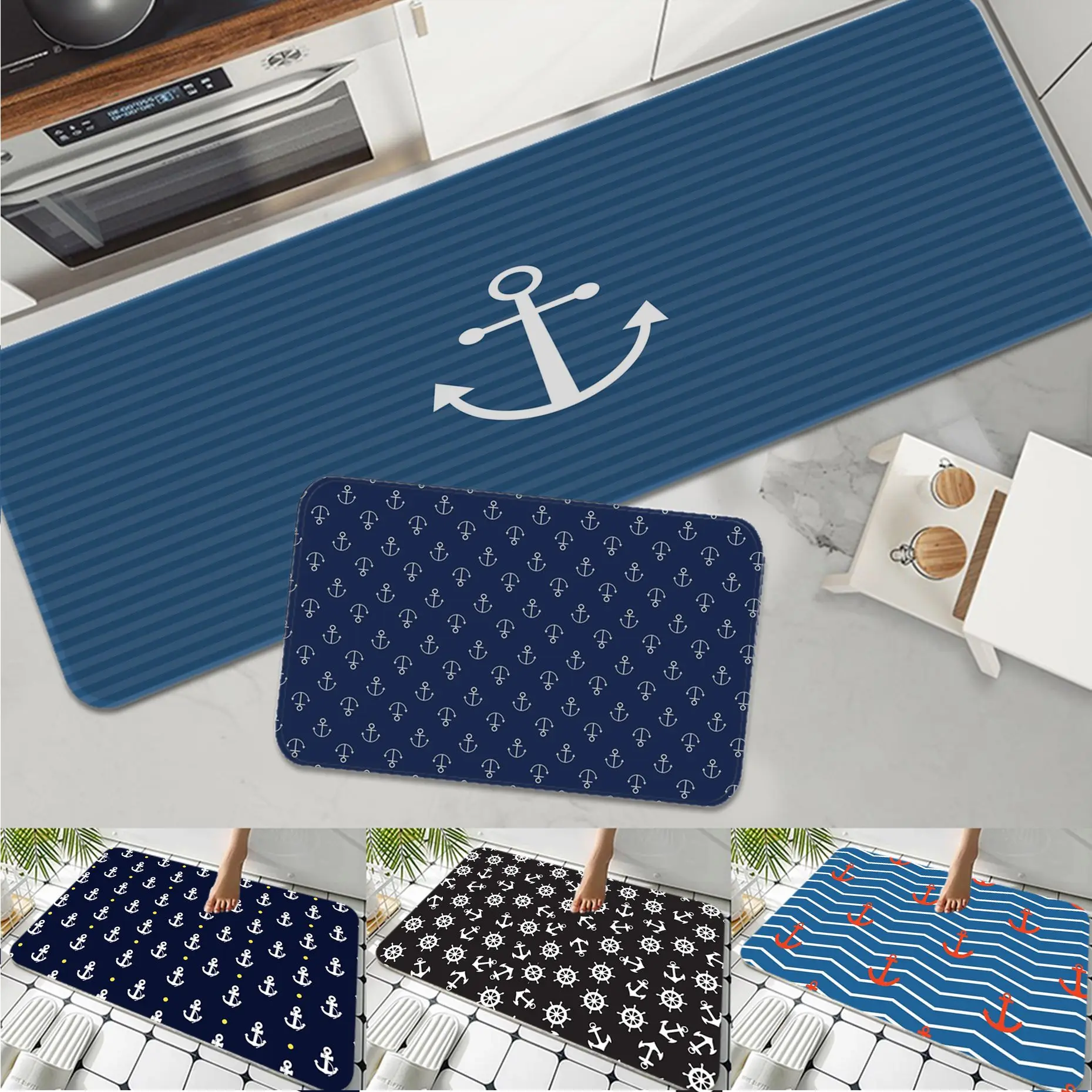 Anchor Boat Navy Blue Stripes Kitchen Mat Washable Non Slip Living Room