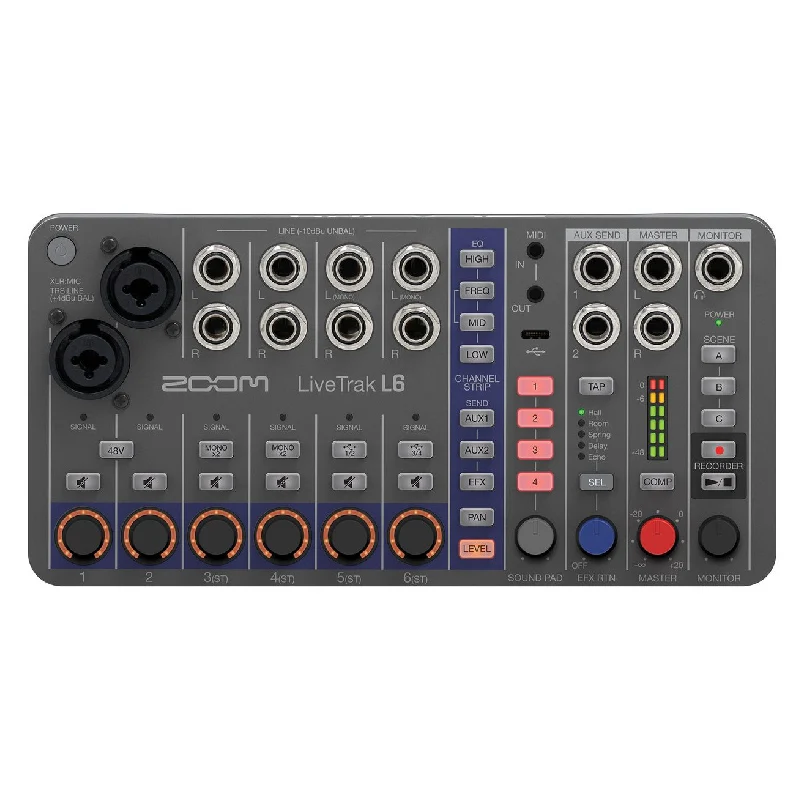 ZOOM LiveTrak L6 디지털 믹서/레코더, 32비트 플로트, 10채널, 2 콤보 + 4 스테레오 입력, MIDI, 효과, 배터리 전원 공급