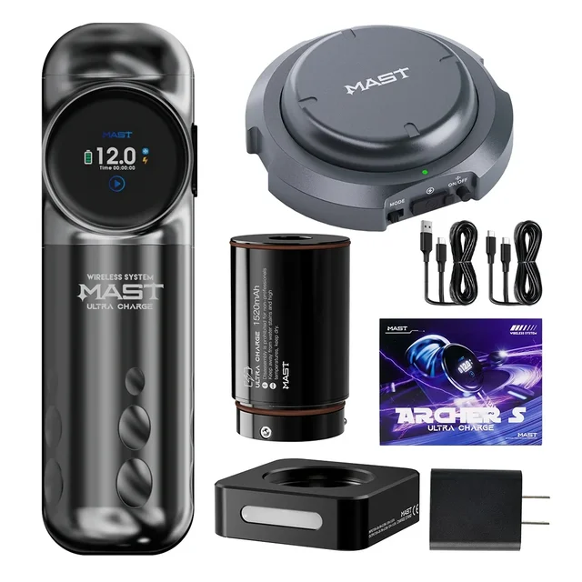 Fast Charge Mast Archer S Ultra Wireless Tattoo Pen with 2 Batteries Charging Base Wireless Foot Pedal Tattoo Kit Complete
