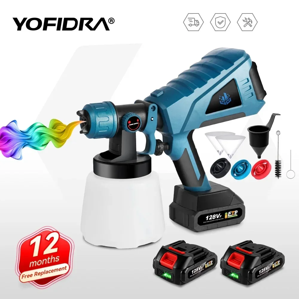 YOFIDRA Electric Spray Gun 1000ML, HVLP cordless paint sprayer for auto furniture steel coating compatible with Makita 18V battery pin