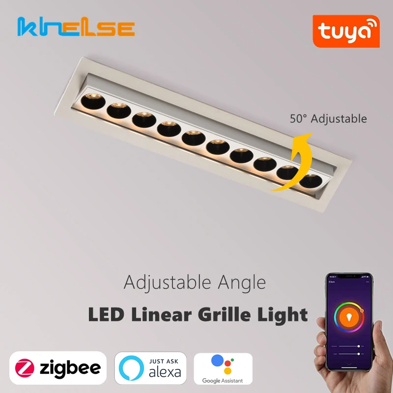 Tuya ZigBee Smart Dimming LED Linear Grille Light Embedded Adjustable Angle Anti-glare Spotlight 10W 20W Long Strip Floodlight