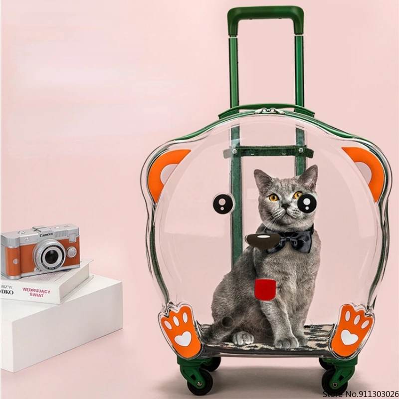 

Pet Trolley Case Transparent Cat Bag Breathable Cozy Adjustable Drawbar Cat Dog Travel Case Universal Wheel Cartoon Pet Air Box
