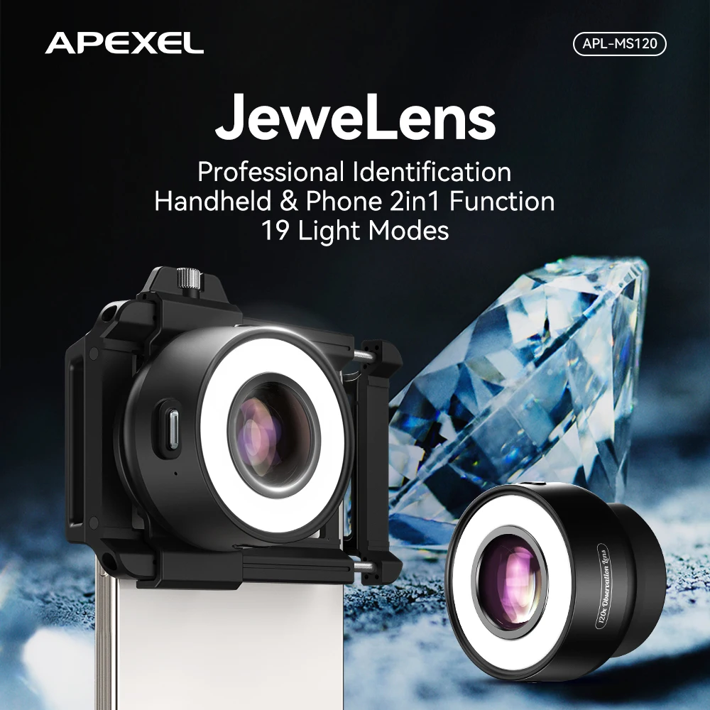 APEXEL 120X Mini Phone Microscope Jewelry Lens with Eyecup/Illuminated LED Light/Universal Clip for iPhone/Android Smartphones